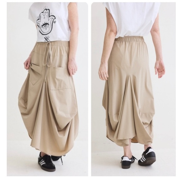 Ruti The Go-To Nylon Blend Tan Khaki Size XS / S Draped Lagenlook Midi Skirt - Picture 16 of 16